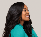 Side view of Natural Black Body Wave Wig on model in blue, 16-24", 13x4 Lace, Human Hair, Voluminous Waves, Trendy and Chic