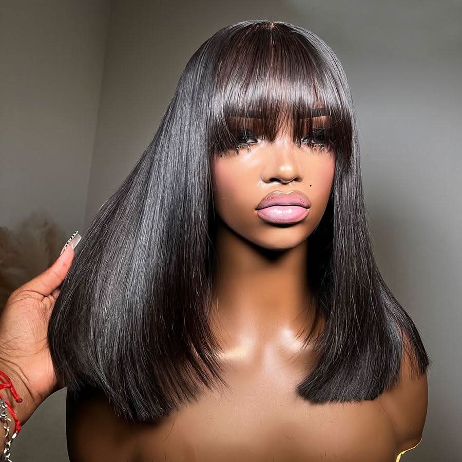 ELLE | 5X5 HD LACE | 10"-12" NATURAL BLACK BOB WITH BANGS